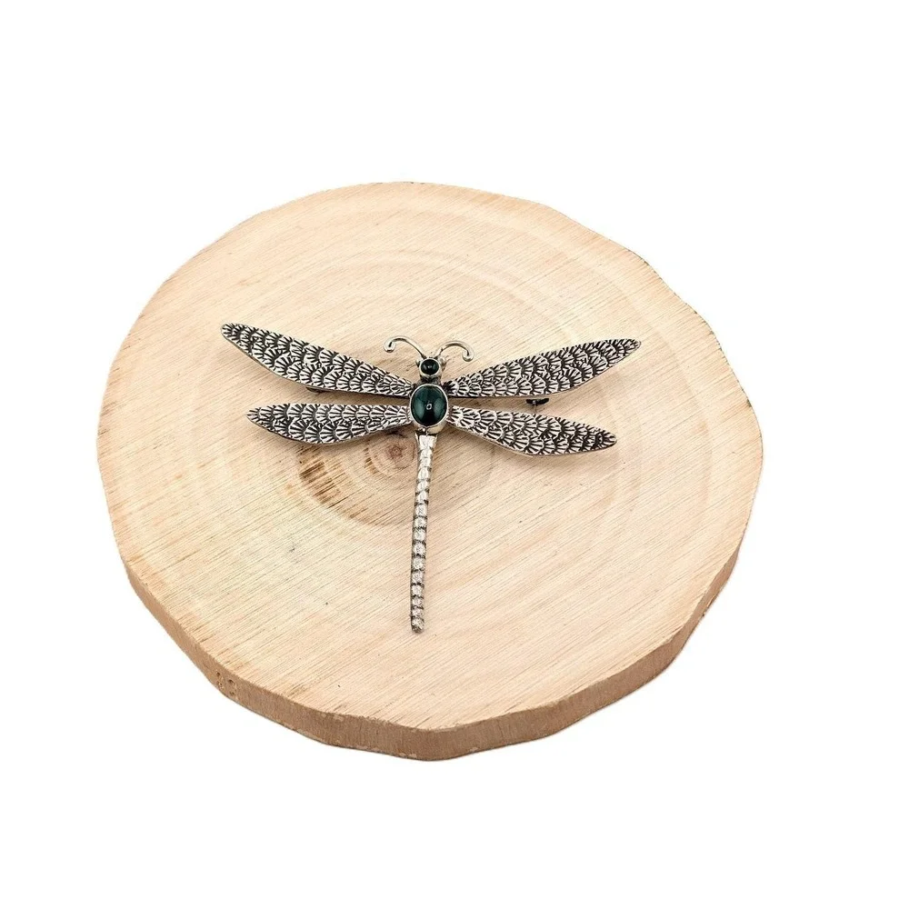 LC Sterling Silver Malachite Dragonfly Brooch‎ Vintage Style Textured Wings Pin